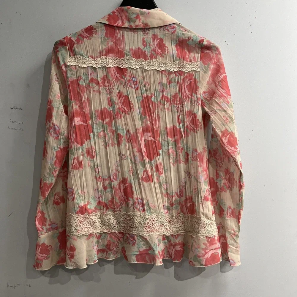 Free People Top Ivory Pink Floral‎ Ruffle Button Down Size M Victorian Feminine